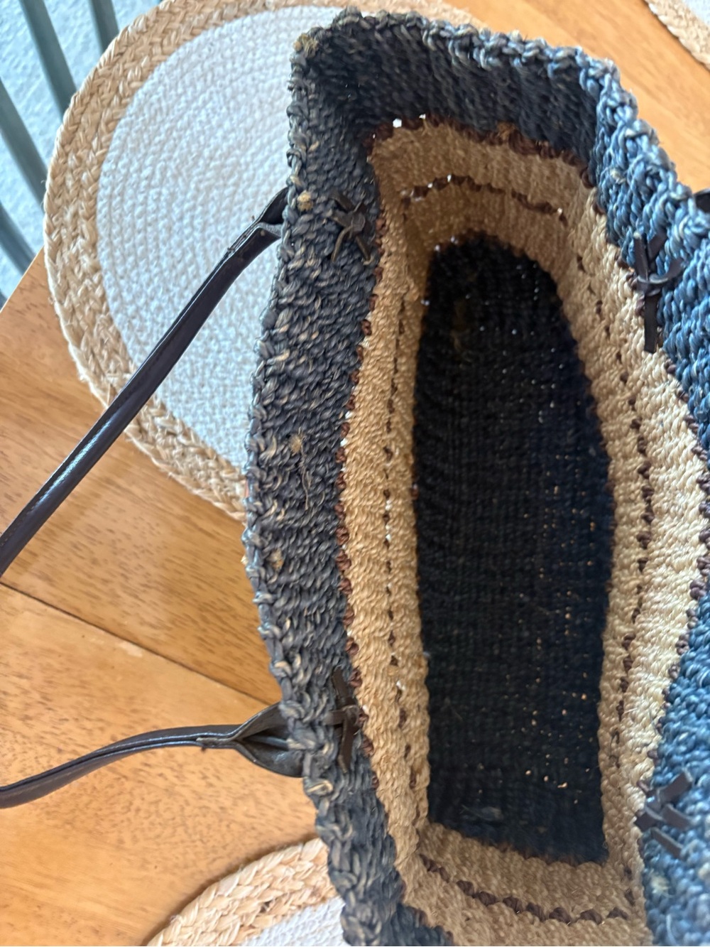 Woven Straw Tote Bag with Dark Blue, Brown and Natural Stripes - Picture 2 of 5